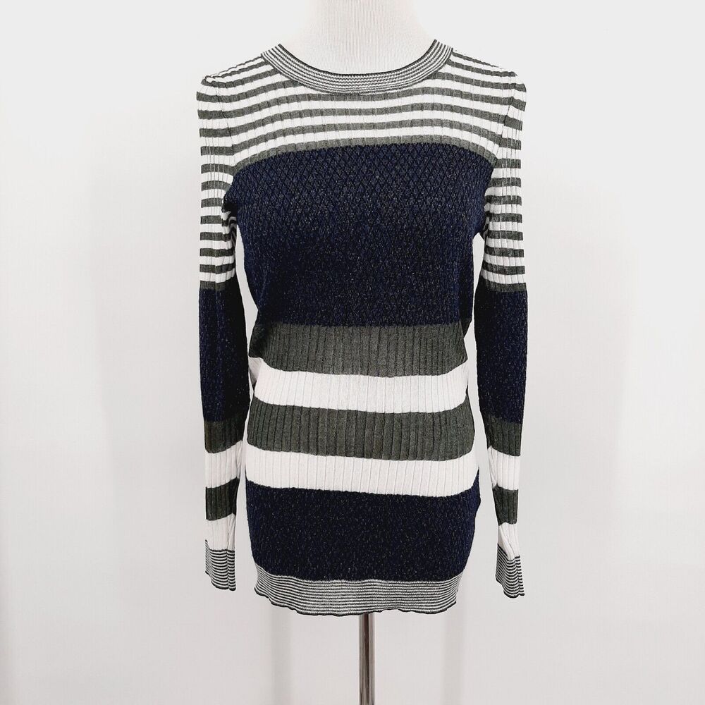 Striped Crewneck Sweater in Navy, White & Gray